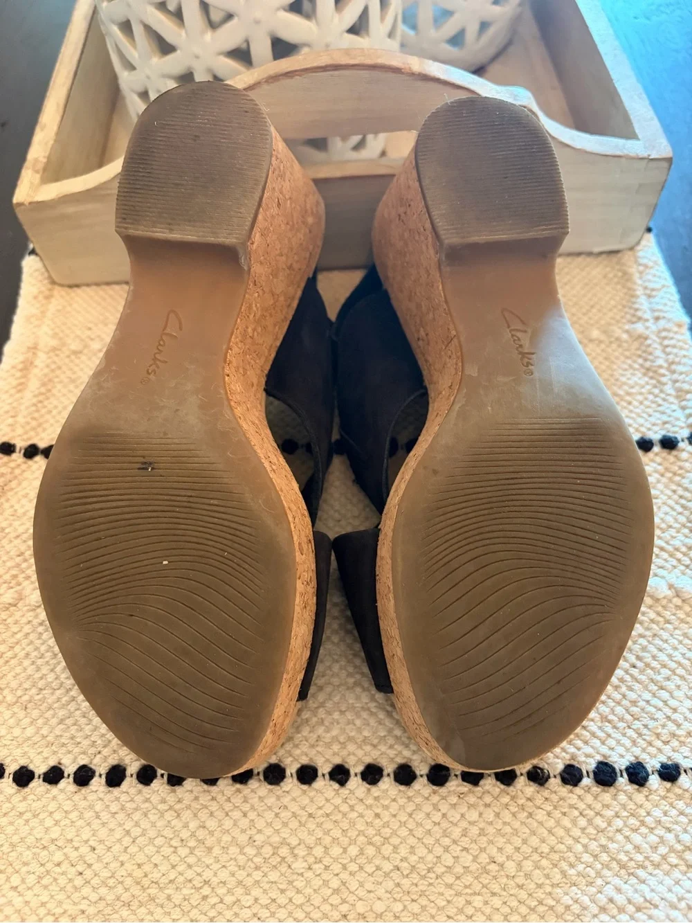 Clarks Black Wedge Sandals with Buckle